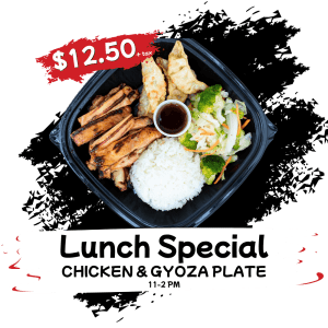 Chicken and gyoza lunch special plate from Happy Teriyaki, served with white rice and veggies.