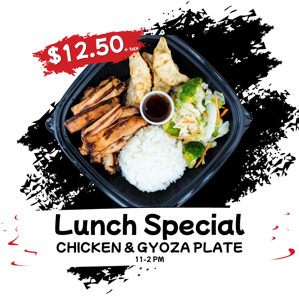 Chicken and gyoza lunch special plate from Happy Teriyaki, served with white rice and veggies.