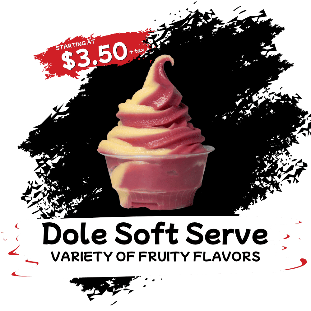 Dole Soft serve twist in a cup with raspberry and pineapple soft serve, available at most Happy Teriyaki's.