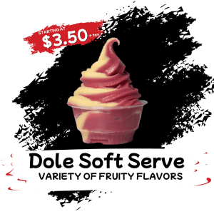 Dole Soft serve twist in a cup with raspberry and pineapple soft serve, available at most Happy Teriyaki's.