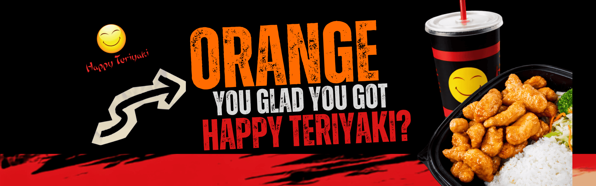 Orange chicken with fried rice and drink at Happy Teriyaki.