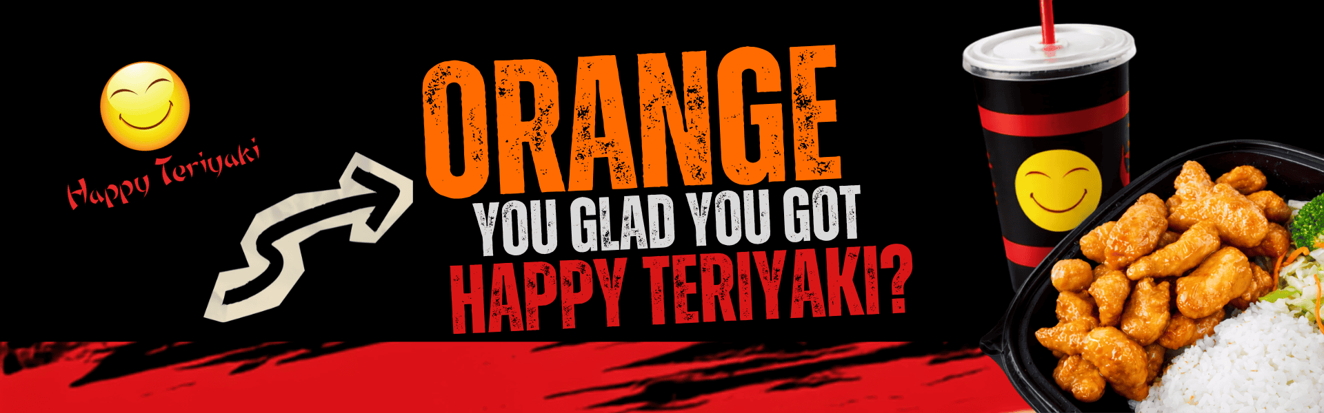 Happy Teriyaki orange-themed promotional image with food and drink.