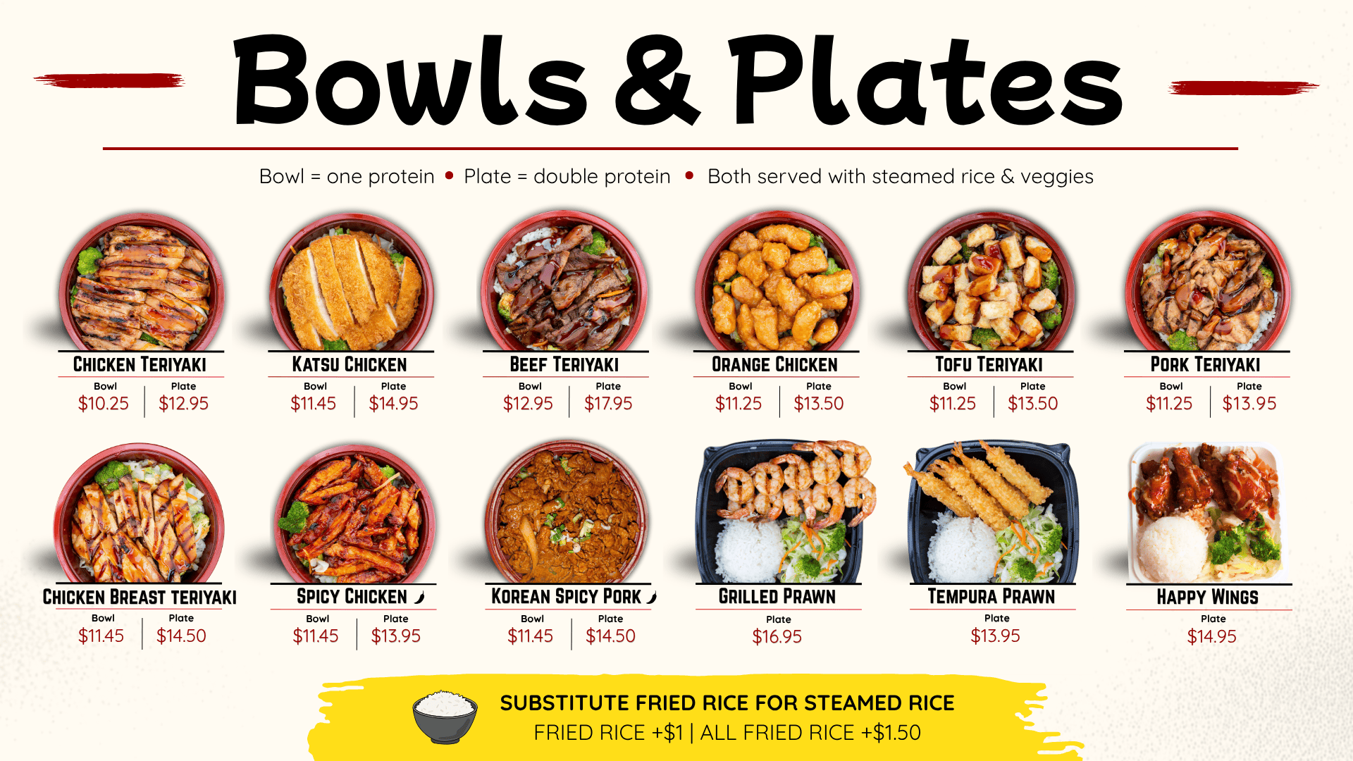 Bowls and Plate menu from Happy Teriyaki and food near me.