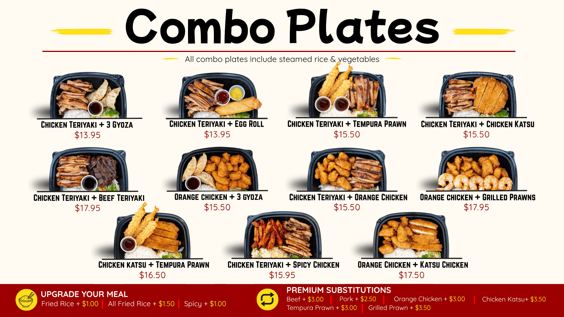 Combo plate menu from Happy Teriyaki and food near me.